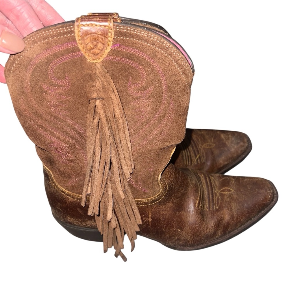 Ariat Girl’s Brown Suede Leather Fringe Cowboy Boots Size 3 Western Riding Rodeo